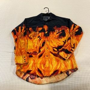 Vintage Men’s Wrangler Black Pearl Snap, Bulls and Flames